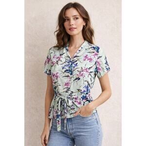 Vintage 60's V-Neck Top ILGWU Tag Green Floral Short Sleeve Tie Belt Womens Sz M